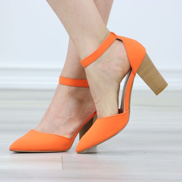 Pointed Toe Block Heel High Heel Stiletto Shoes Orange Nubuck - Picture 8 of 13